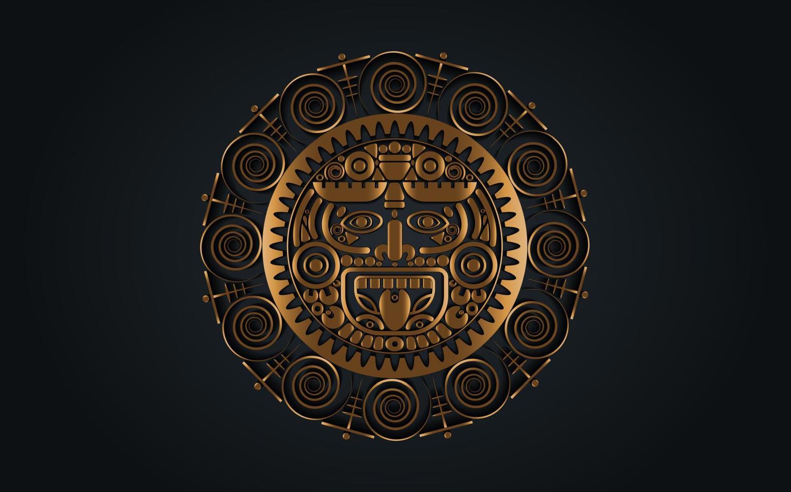 Sacred Mayan sun god, Aztec wheel calendar, Maya symbols ethnic mask in gold color. Golden round frame border old logo icon vector illustration isolated on black background