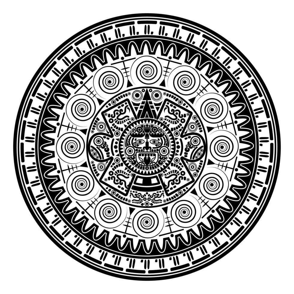 Calendario de rueda azteca sagrado Dios del sol maya, símbolos mayas máscara étnica, tatuaje negro marco redondo borde antiguo logotipo icono vector ilustración aislado sobre fondo blanco