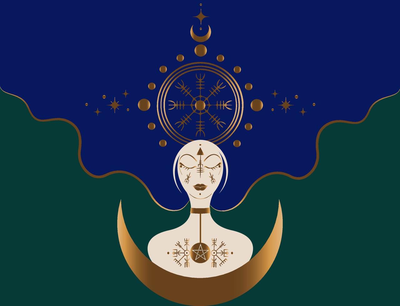 Freya goddess, Scandinavian norse mythology associated with love, beauty, fertility, sex, war, gold. Freyja rules over her heavenly field, vector isolated on green and blue background