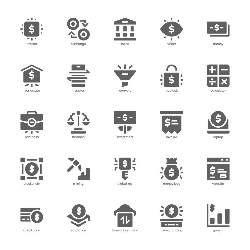 paquete de iconos fintech para el diseño de su sitio web, logotipo, aplicación, ui. diseño de glifo de icono fintech. ilustración de gráficos vectoriales y trazo editable. vector