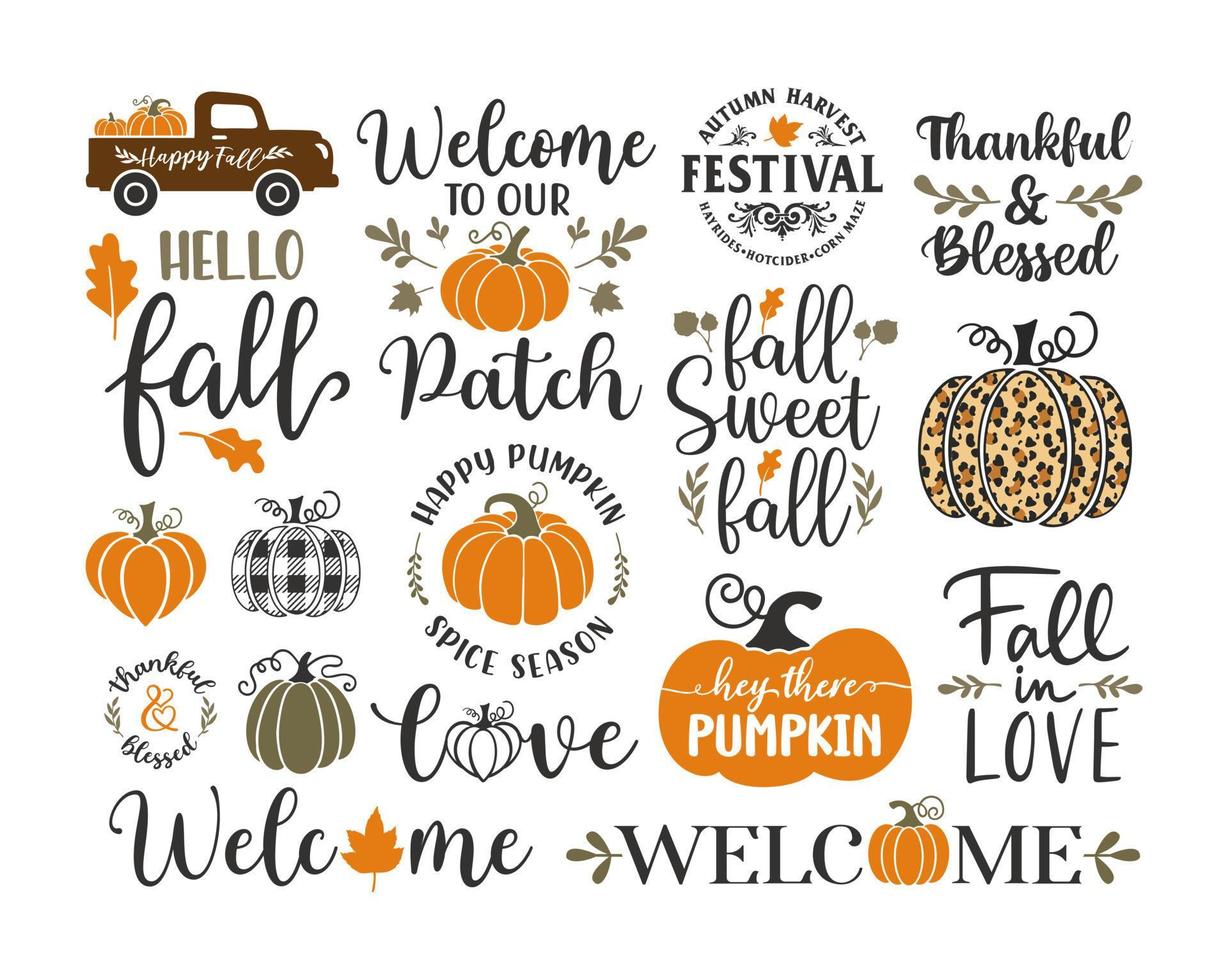 Fall Autumn lettering thanksgiving day hello fall sign happy fall pumpkin autumn leaves acorns welcome autumn phrases vector illustration