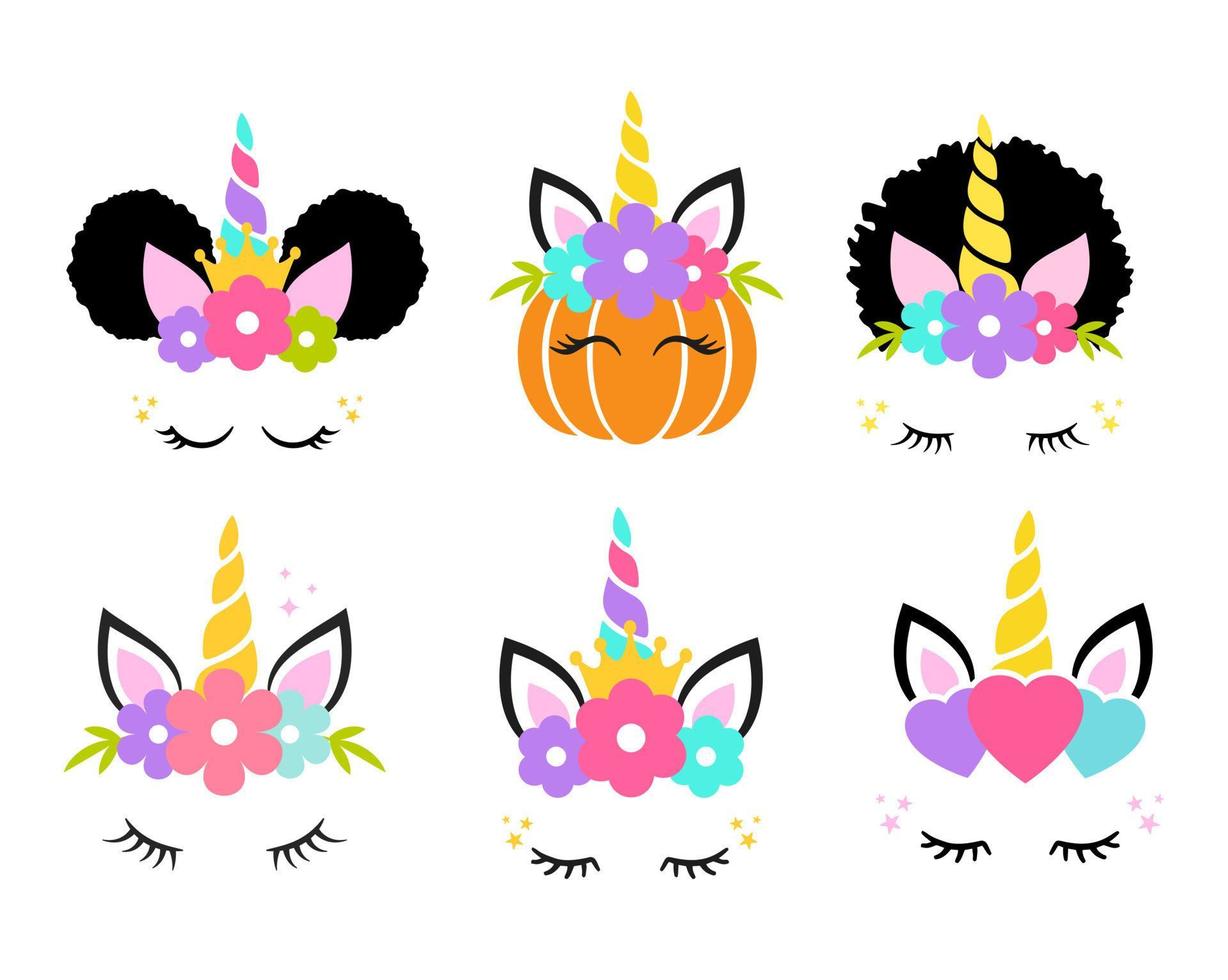 Cute unicorn face head horn birthday afro pumpkin sticker vector illustration set