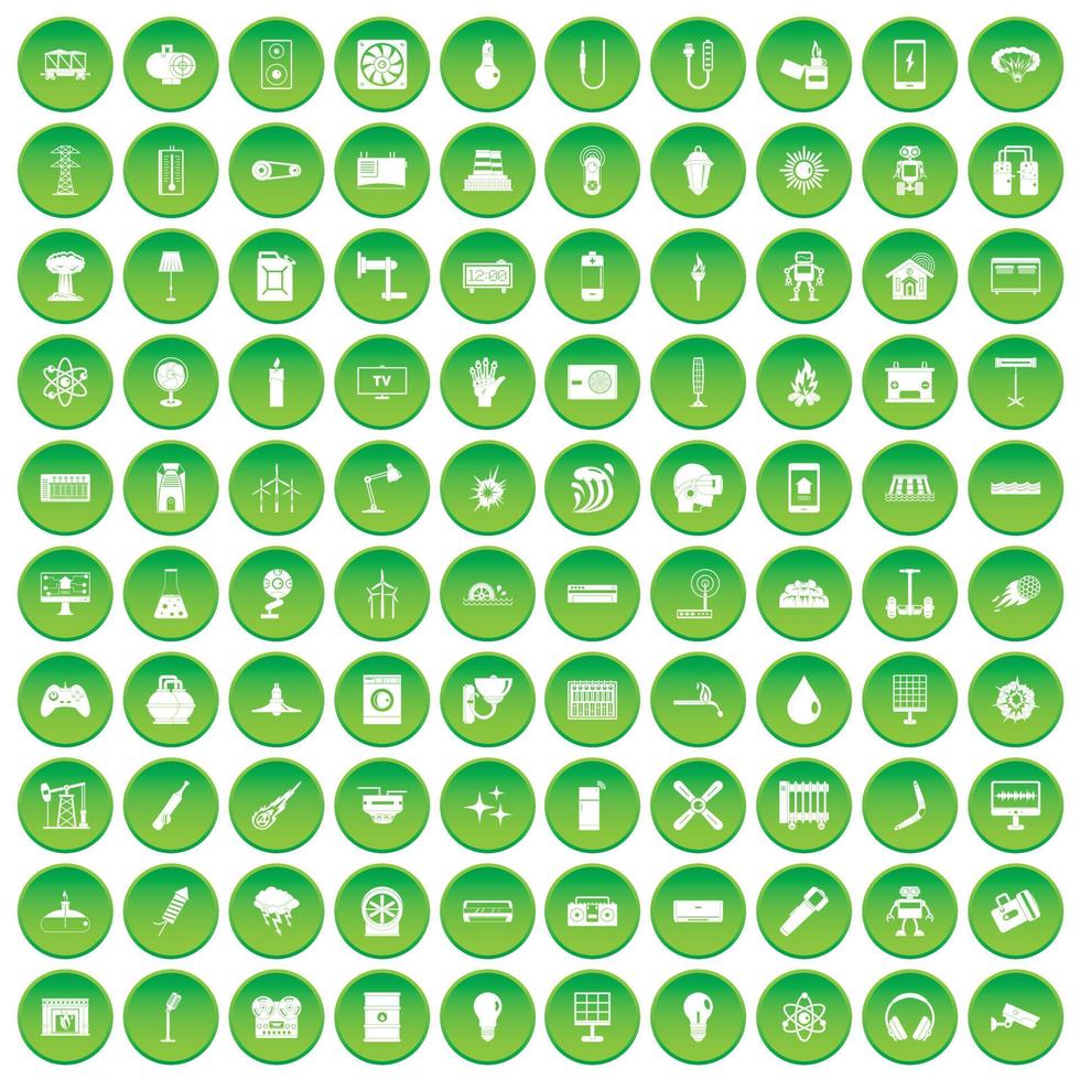 100 energy icons set green circle vector