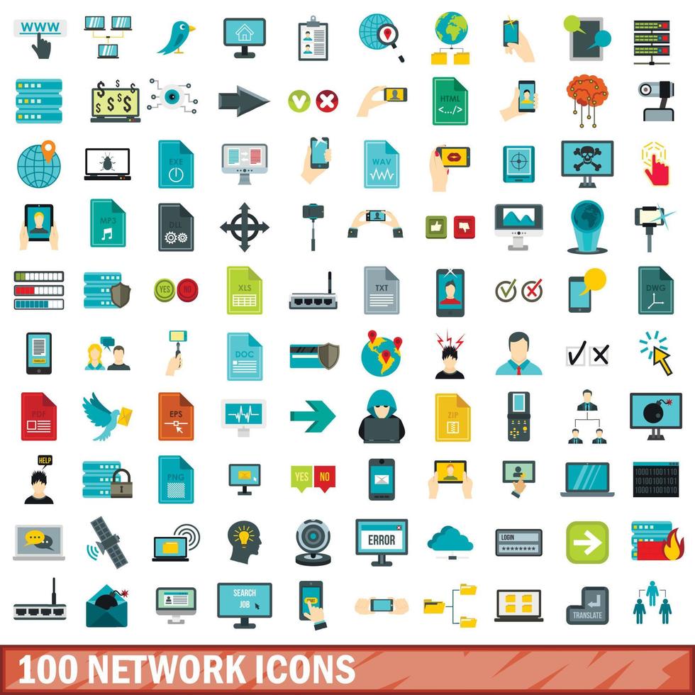 100 network icons set, flat style vector