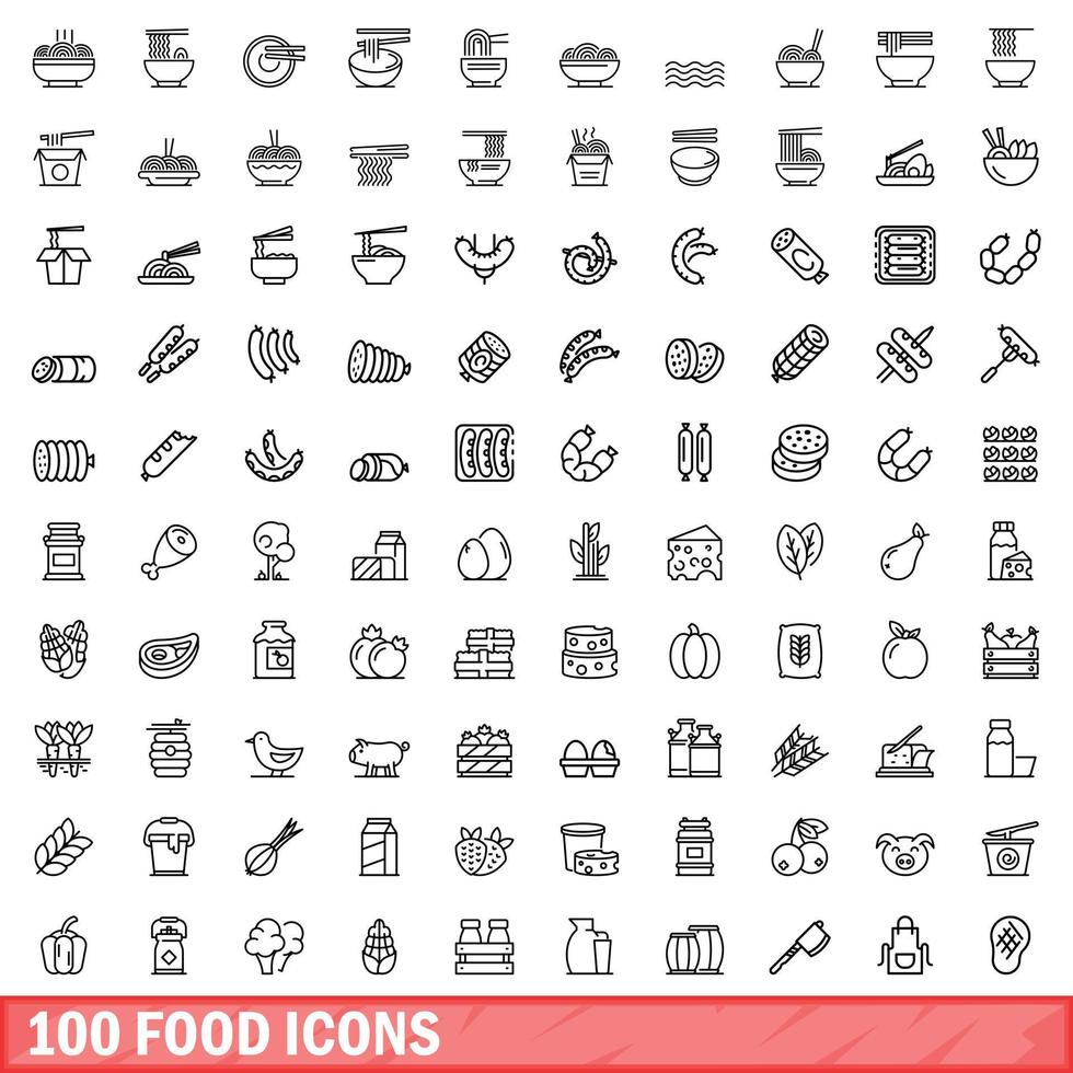 100 food icons set, outline style vector