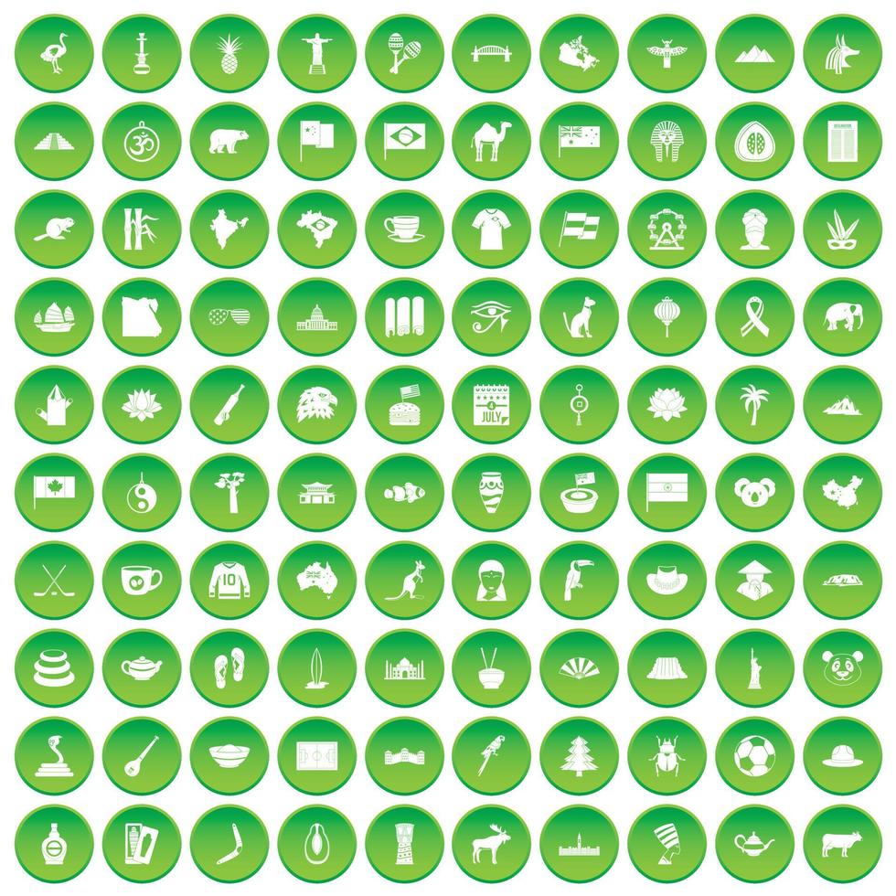 100 landmarks icons set green circle vector
