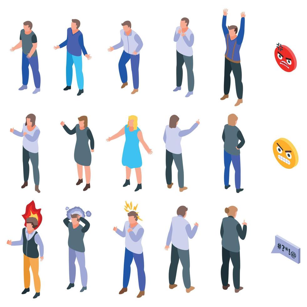 Rage icons set, isometric style vector