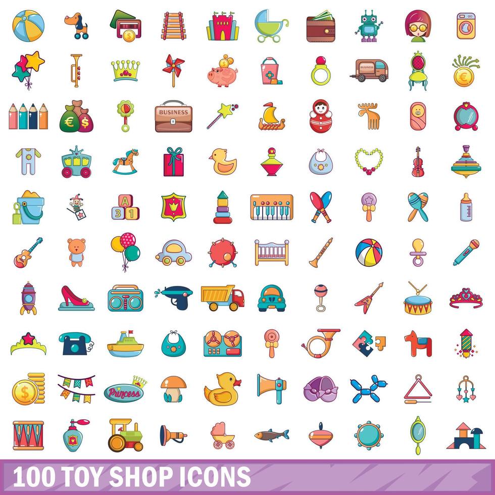 100 tienda de juguetes, conjunto de iconos de estilo de dibujos animados vector