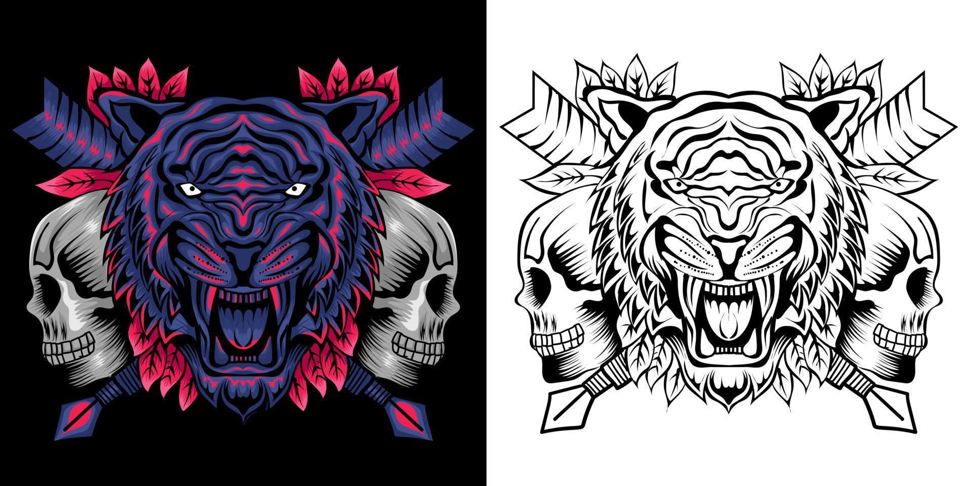roaring tiger with skull illustration vector