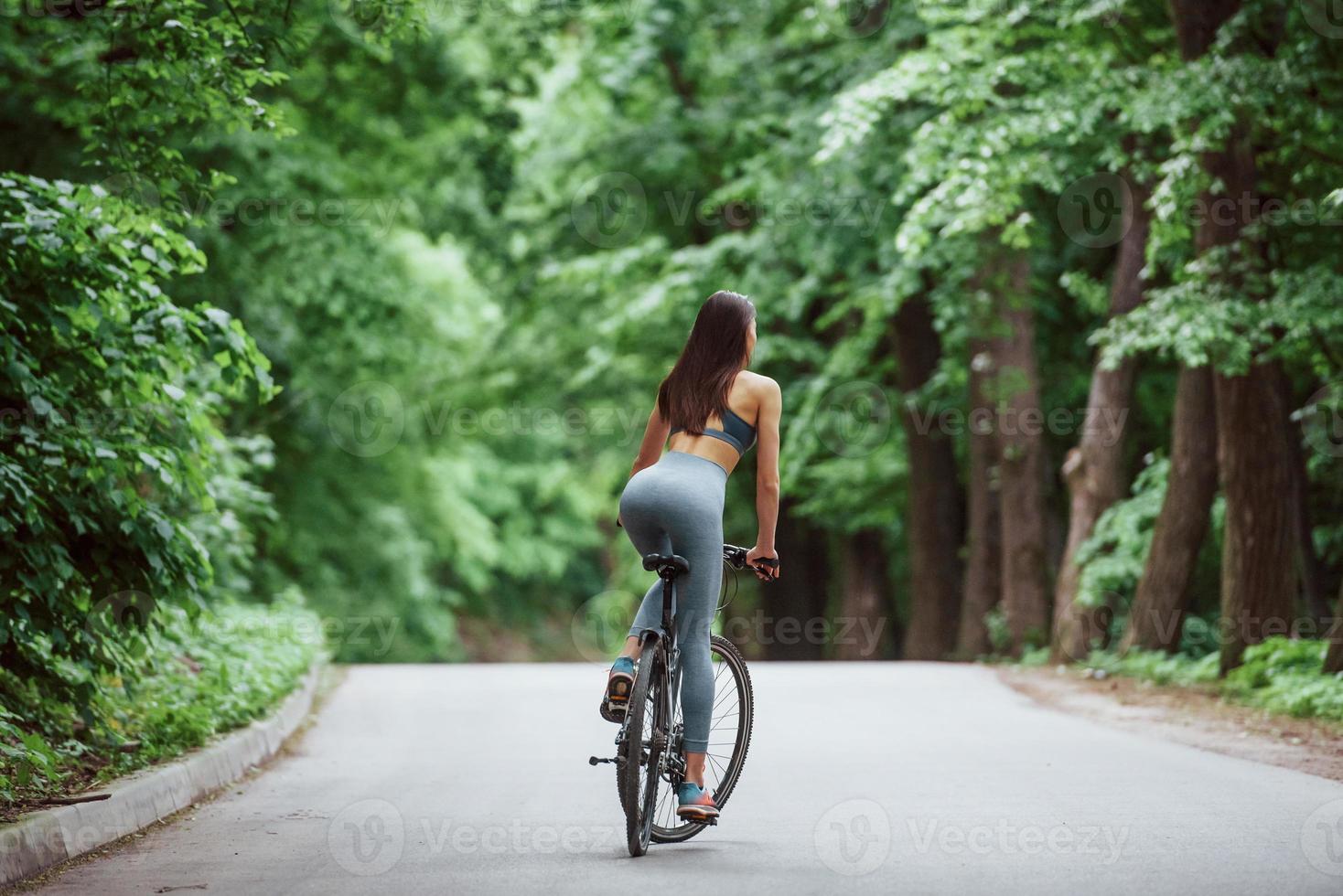 maderas preciosas. ciclista femenina en una bicicleta en una carretera asfaltada en el bosque durante el día foto