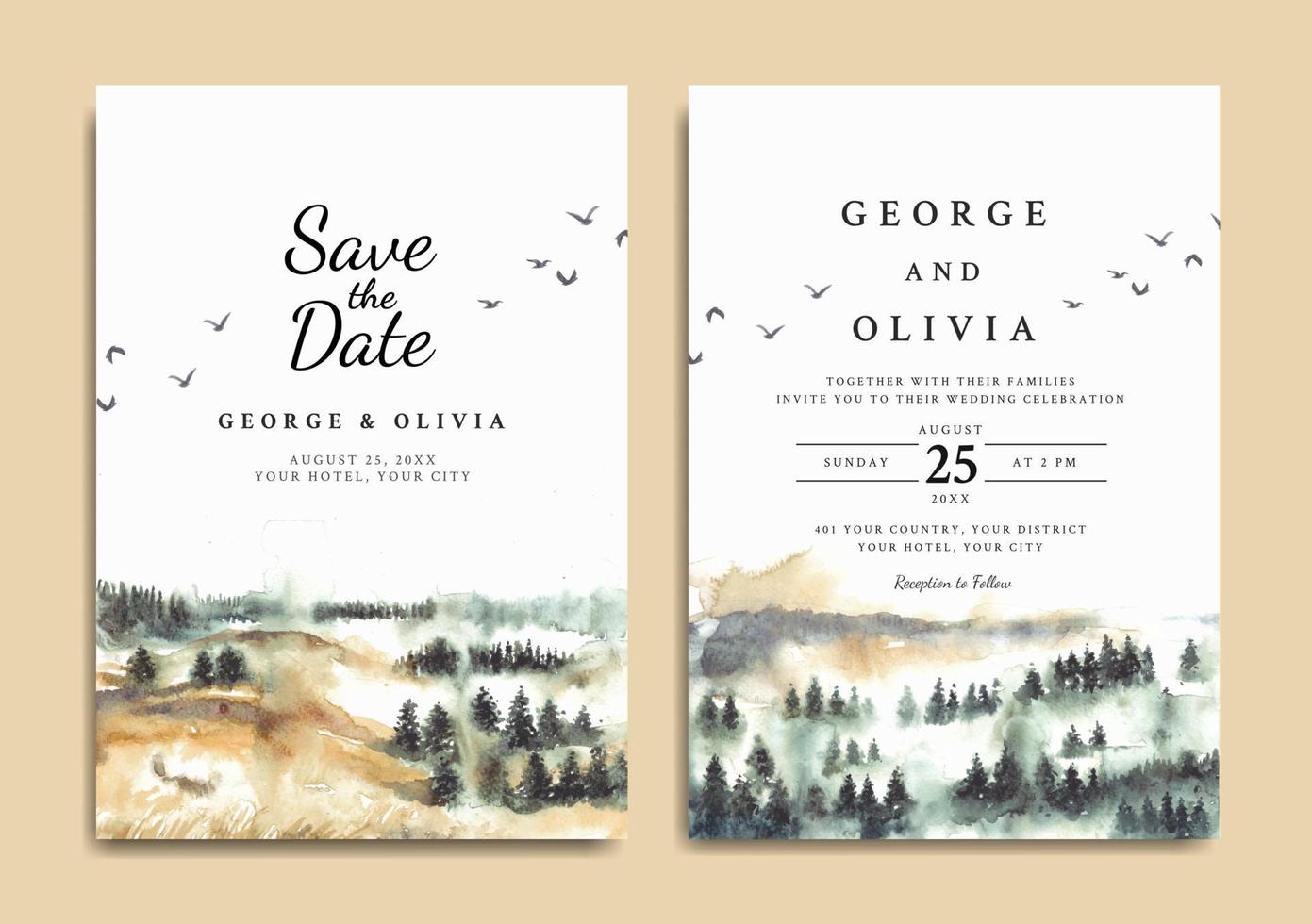 Wedding invitation of misty forest watercolor vector