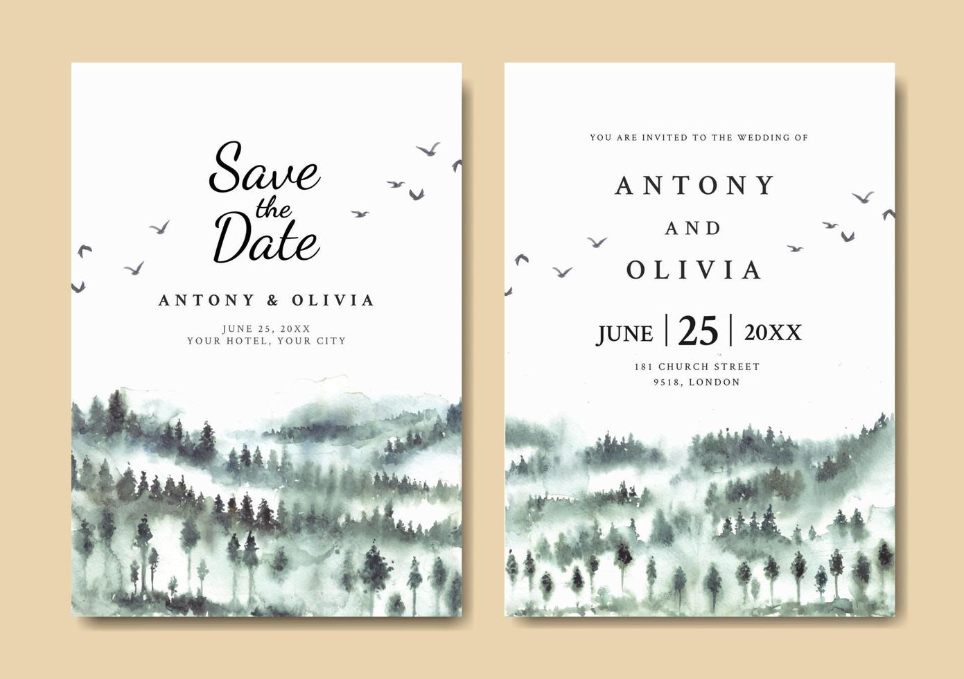 Watercolor wedding invitation of misty forest vector
