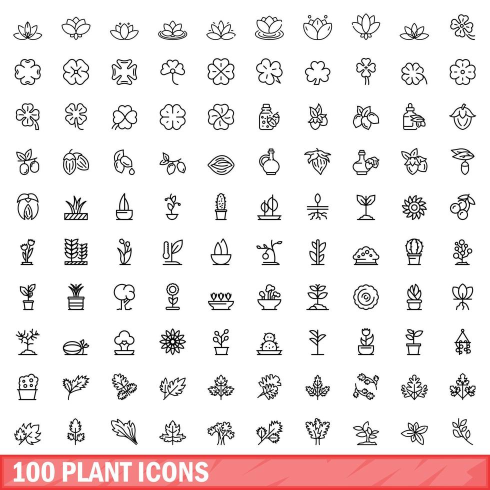 100 plant icons set, outline style vector