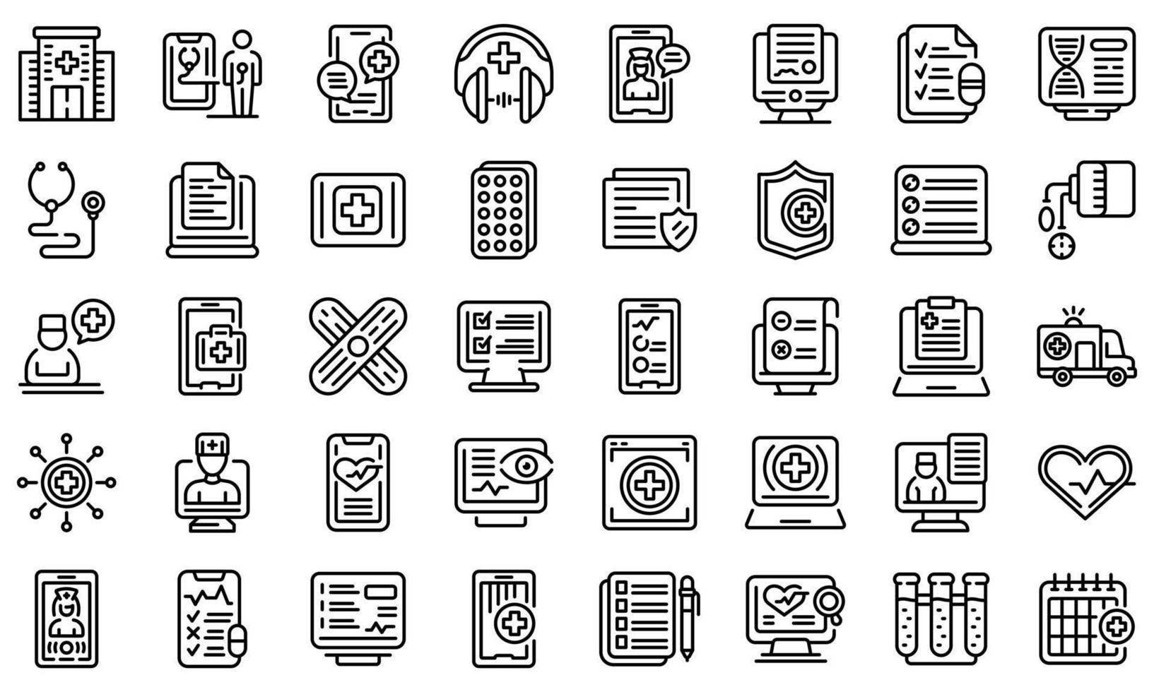 Online medical consultation icons set, outline style vector