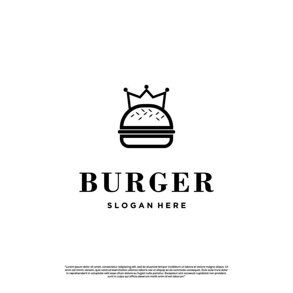 concepto lineal de diseño de logotipo de king burger, hamburguesa con plantilla de logotipo de corona vector