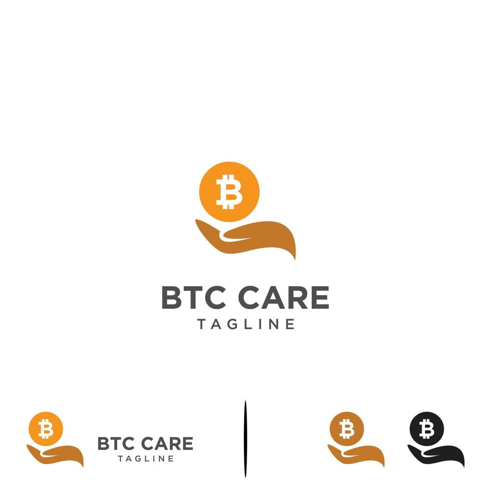 bitcoin care logo design graphic element, bitcoin with hand icon template vector