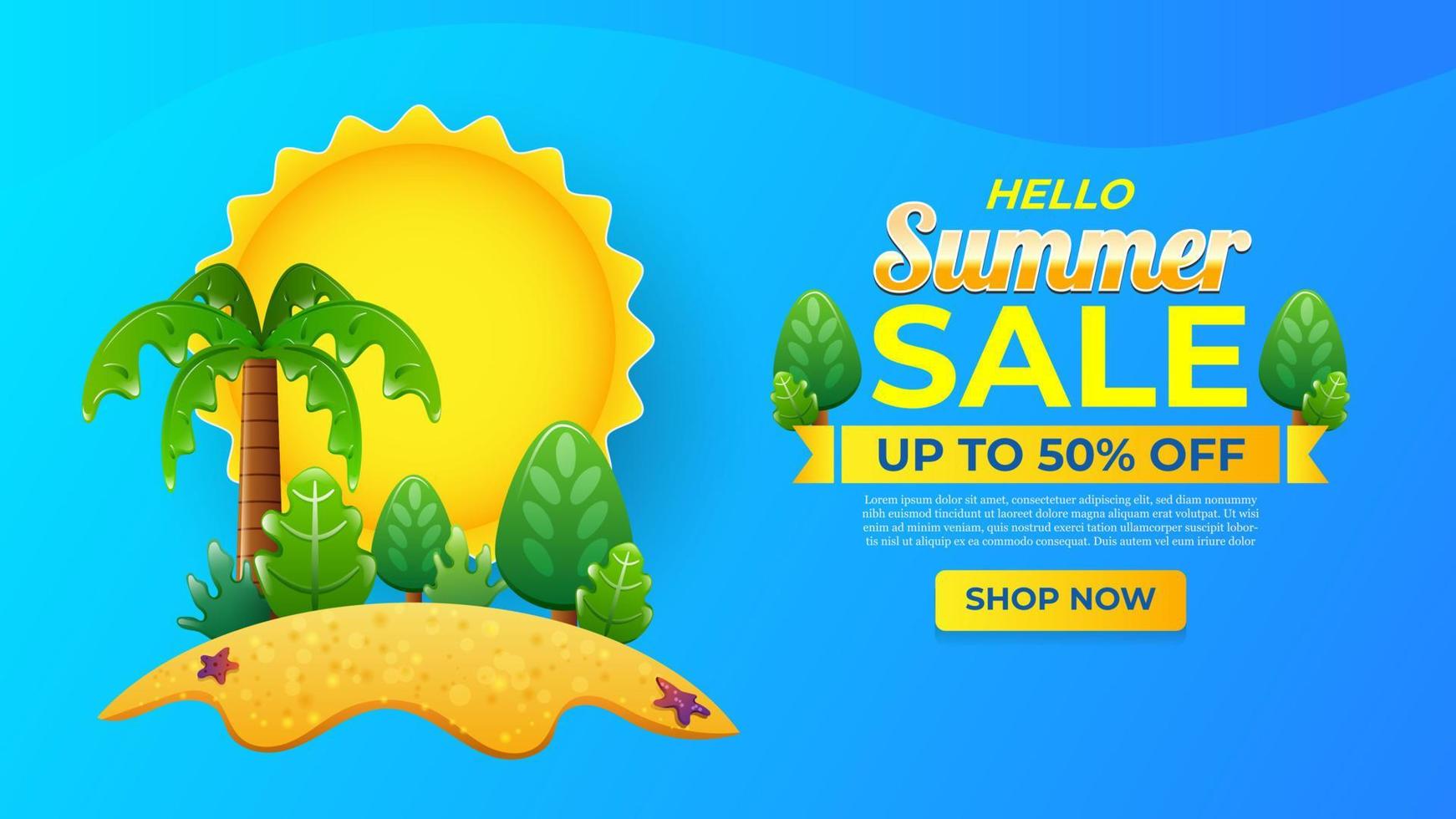 Summer sale design template with tropical leaves on island background vector