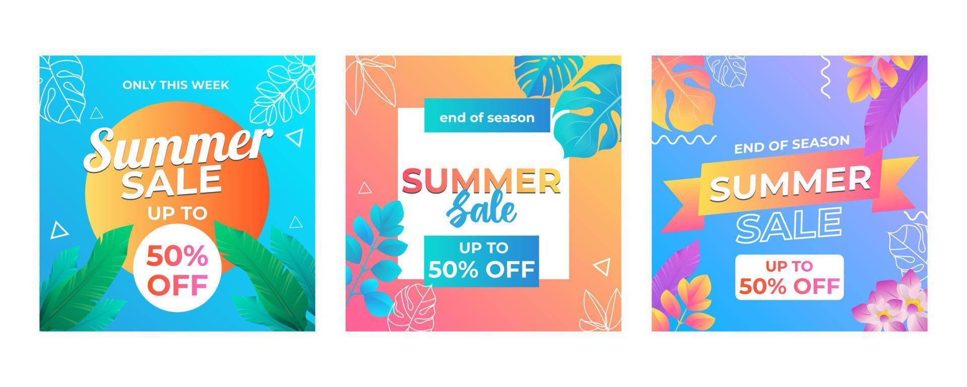 plantilla de diseño de venta de verano con fondo de hojas tropicales vector