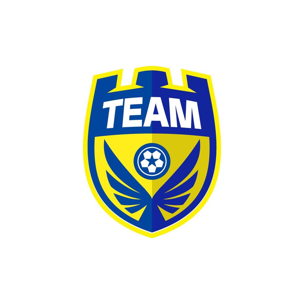 badge shield logo team football soccer with blue wings on yellow background. sports club icon. vector