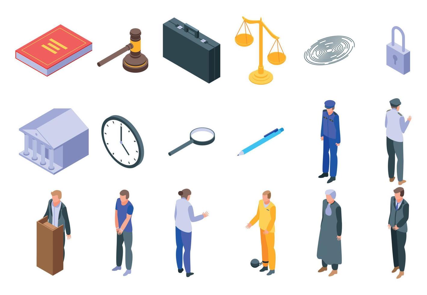 Prosecutor icons set, isometric style vector