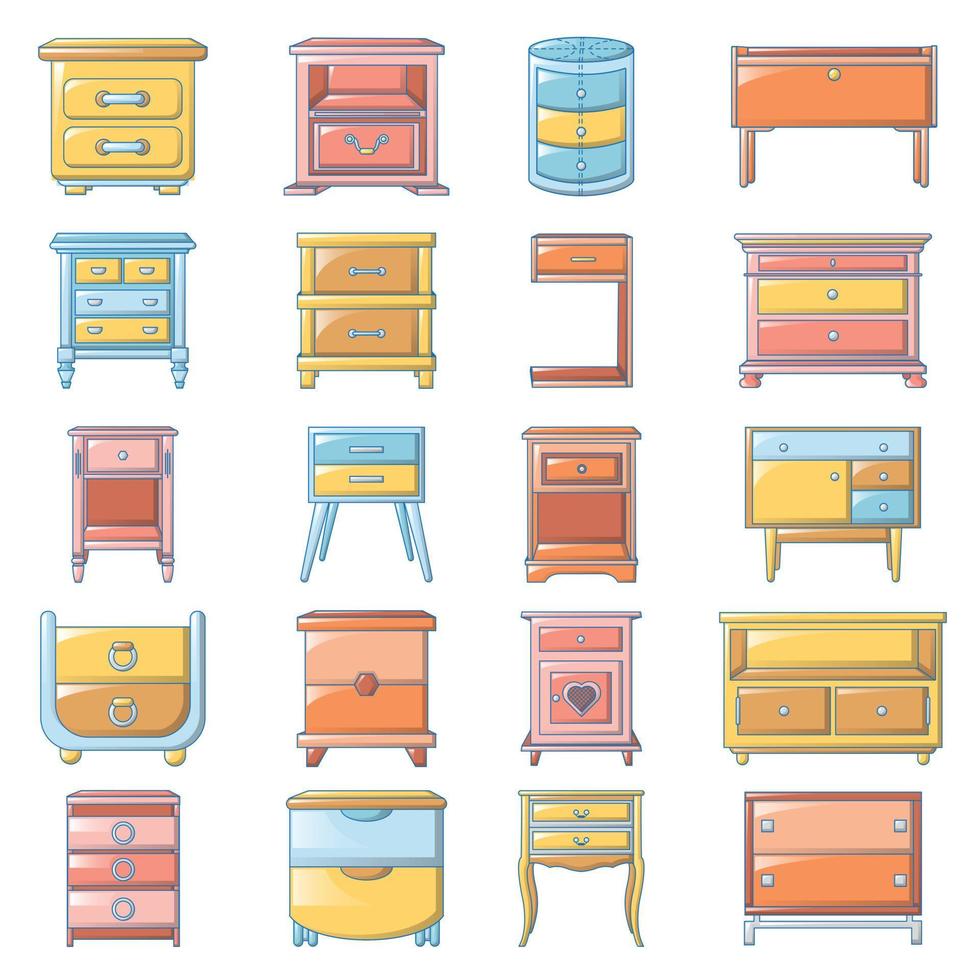 Nightstand bedside icons set, cartoon style vector