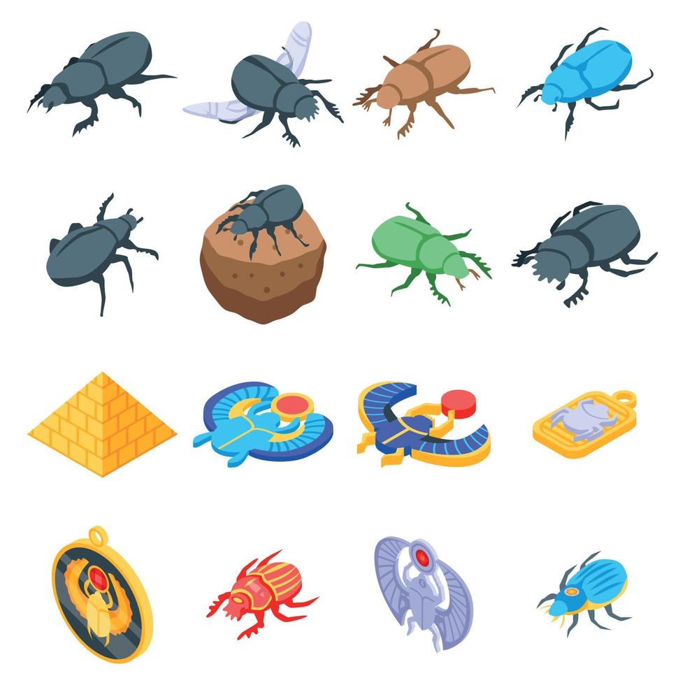 Scarab beetle icons set, isometric style vector