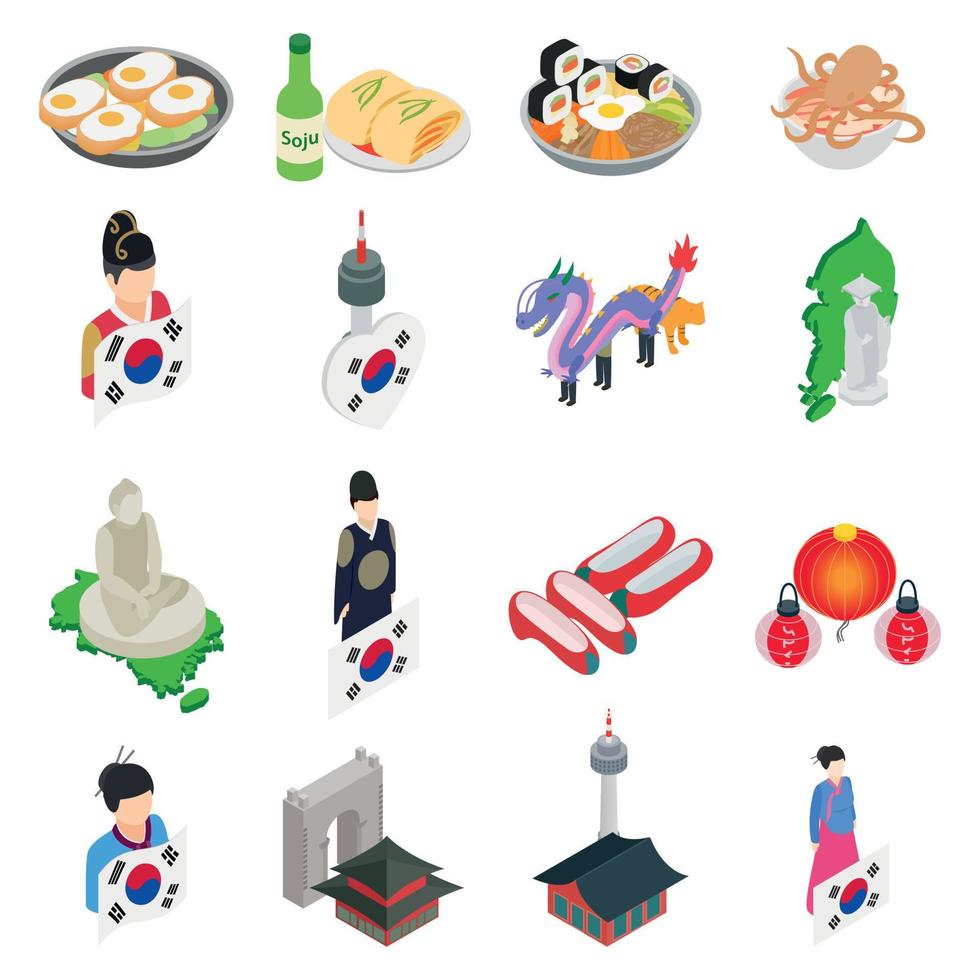 Korea icons set, isometric style vector