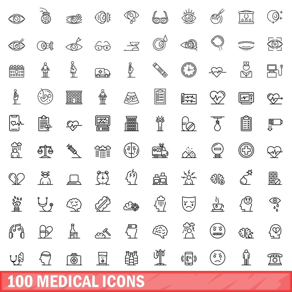 100 medical icons set, outline style vector