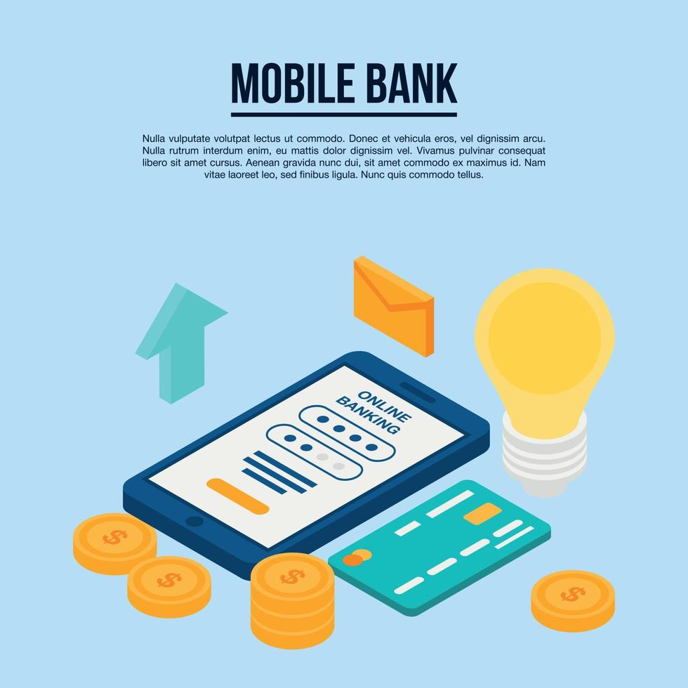 Mobile bank concept banner, isometric style vector