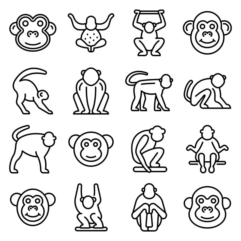 Gibbon icons set, outline style vector