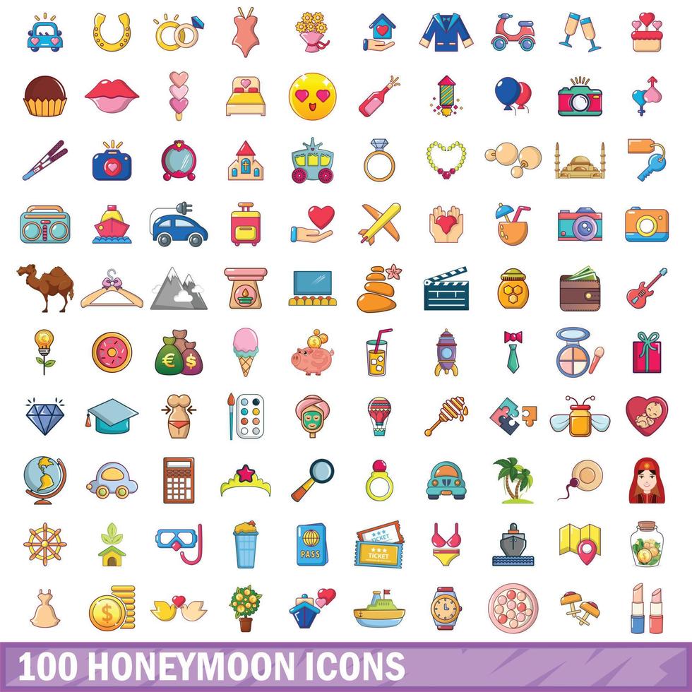 100 honeymoon icons set, cartoon style vector