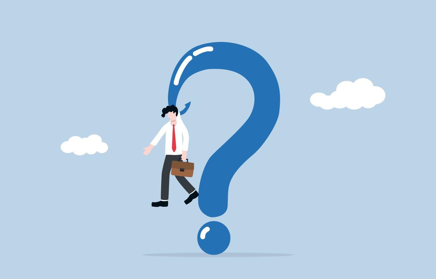 Stucking on unanswered question, unable to solve  business or career working problem, stress and empty brain concept. Miserable businessman attaching to question mark sign hook. vector
