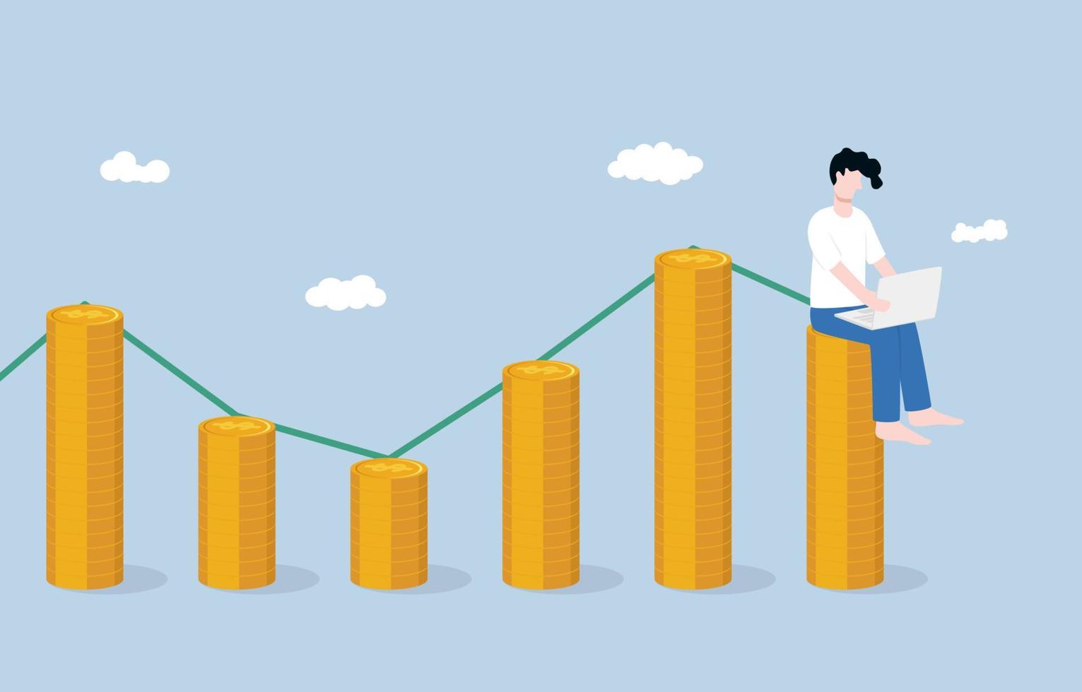 Freelance or being your own boss, flexible working hour, unpredictable income, work from anywhere concept. Relaxed man working with laptop computer on income stack as different from previous one. vector