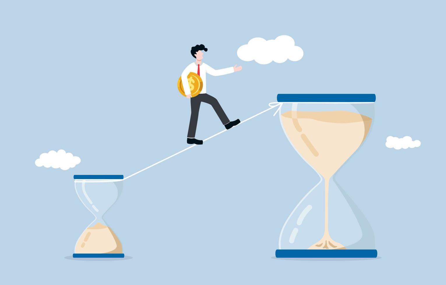 Long term investing decision, changing risk management plan, time to make profit or speculation concept. Businessman with big money coin walking on the rope up to larger sandglass. vector