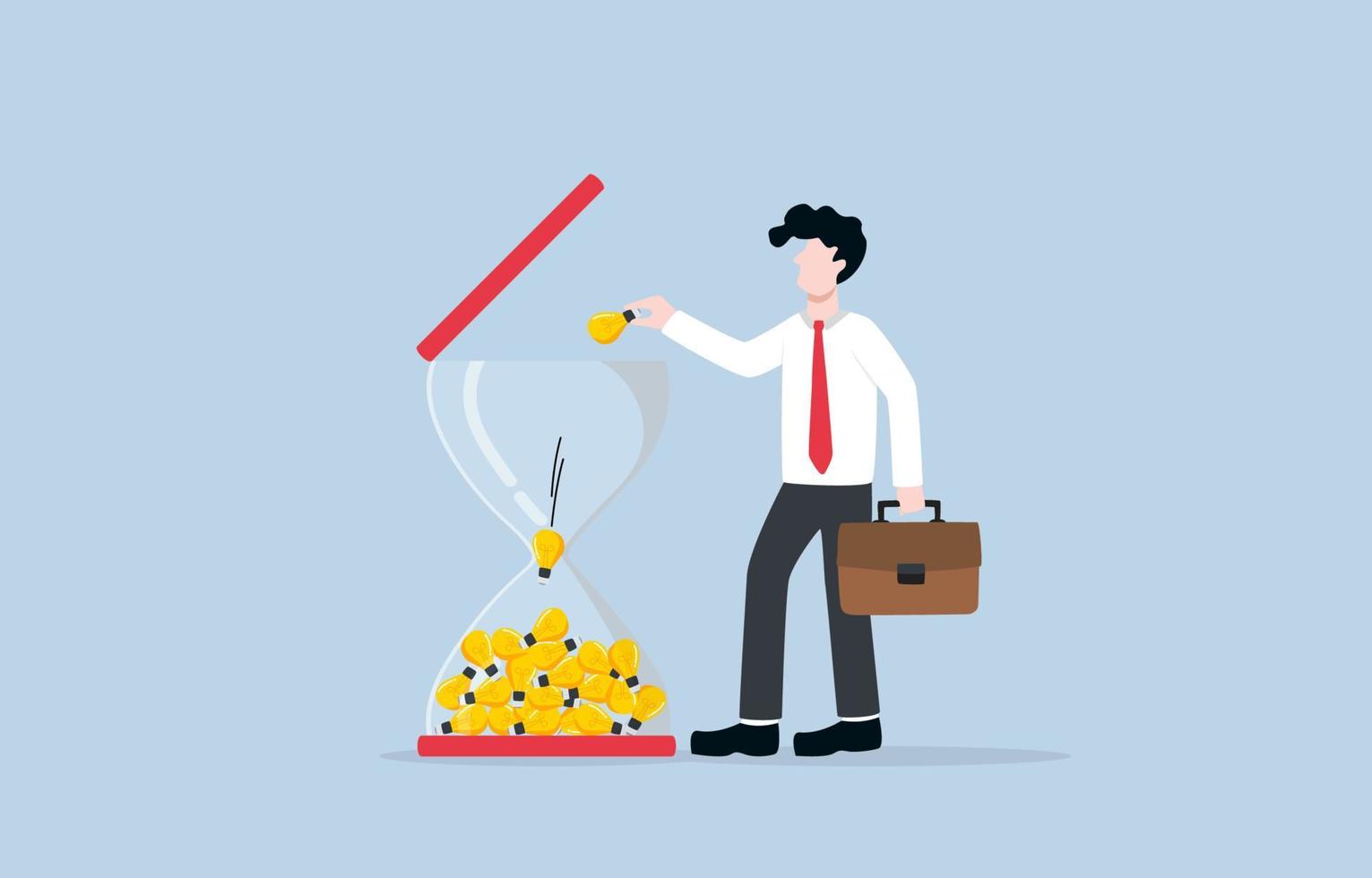 Increasing knowledge and experience along career path, collecting ideas to apply in future work, personal skill development concept. Smart business putting idea light bulbs into sandglass. vector