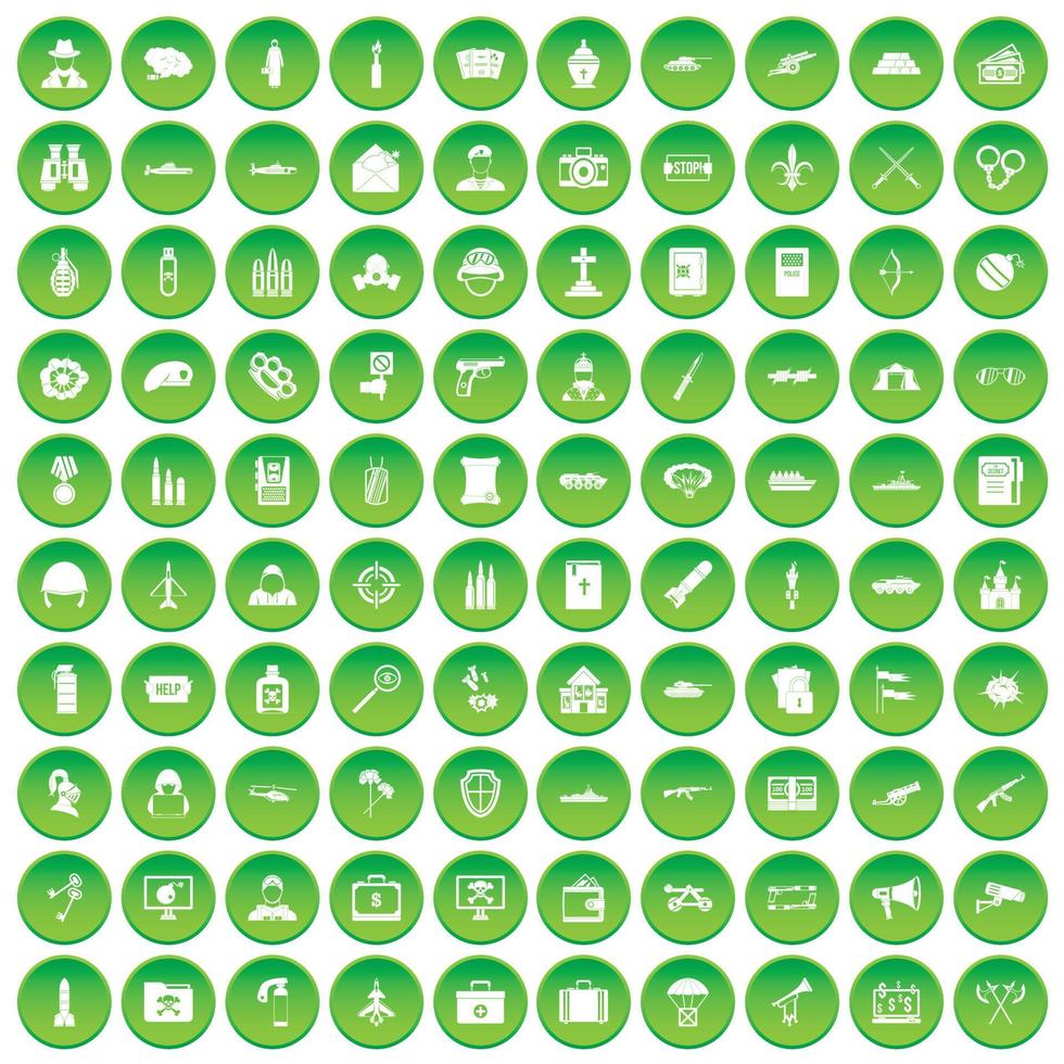 100 iconos militares establecer círculo verde vector