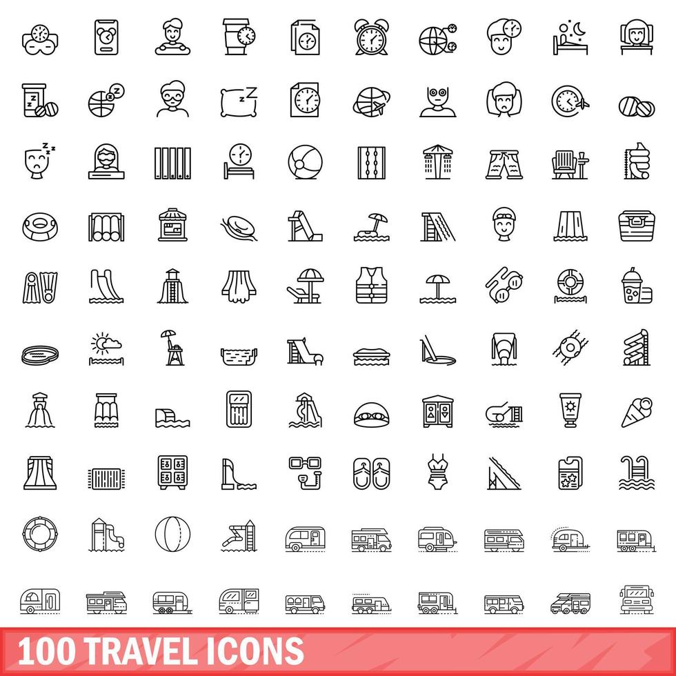 100 travel icons set, outline style vector