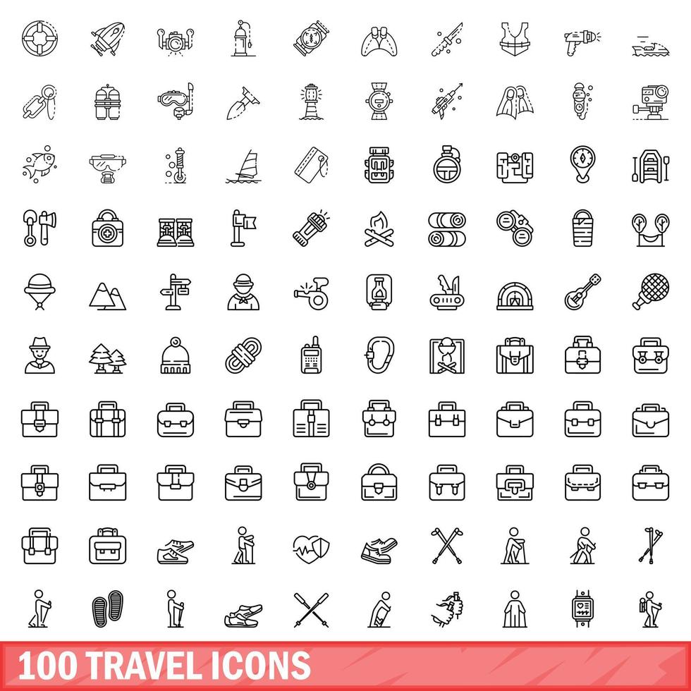 100 travel icons set, outline style vector