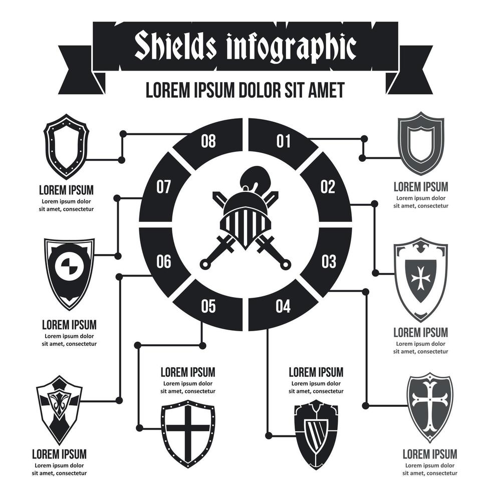 concepto infográfico de escudos, estilo simple vector