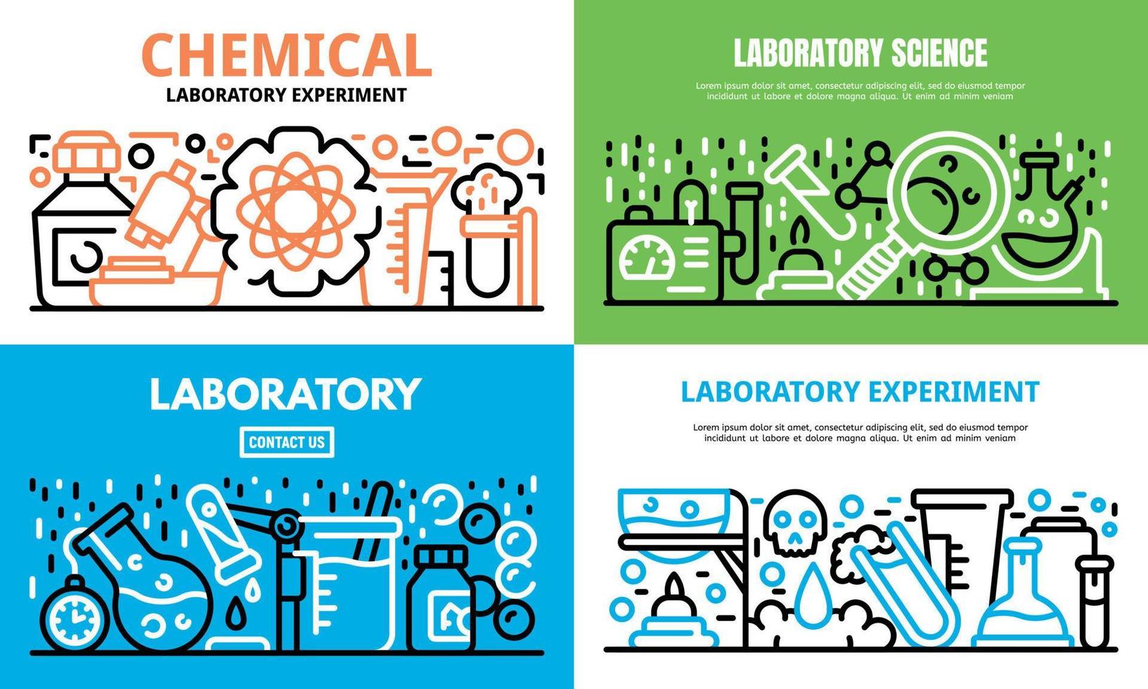conjunto de banners de ciencia de experimento de laboratorio químico, estilo de esquema vector