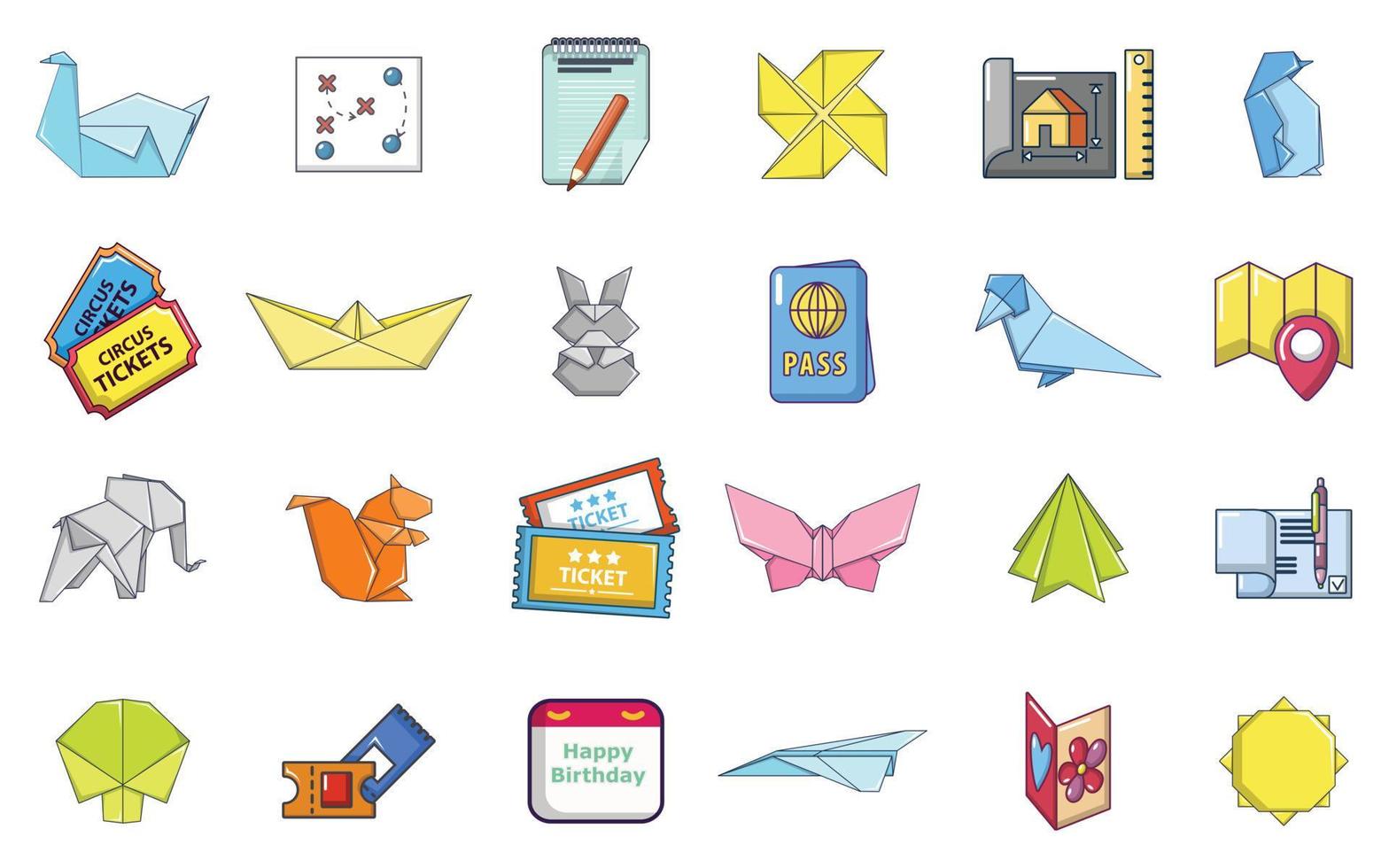 Paper object icon set, cartoon style vector