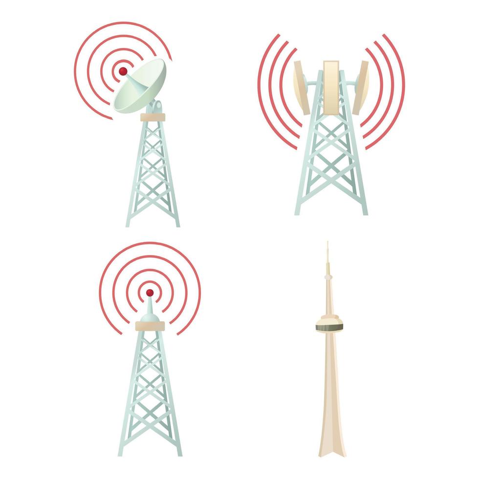 Tele communication tower icon set, cartoon style vector