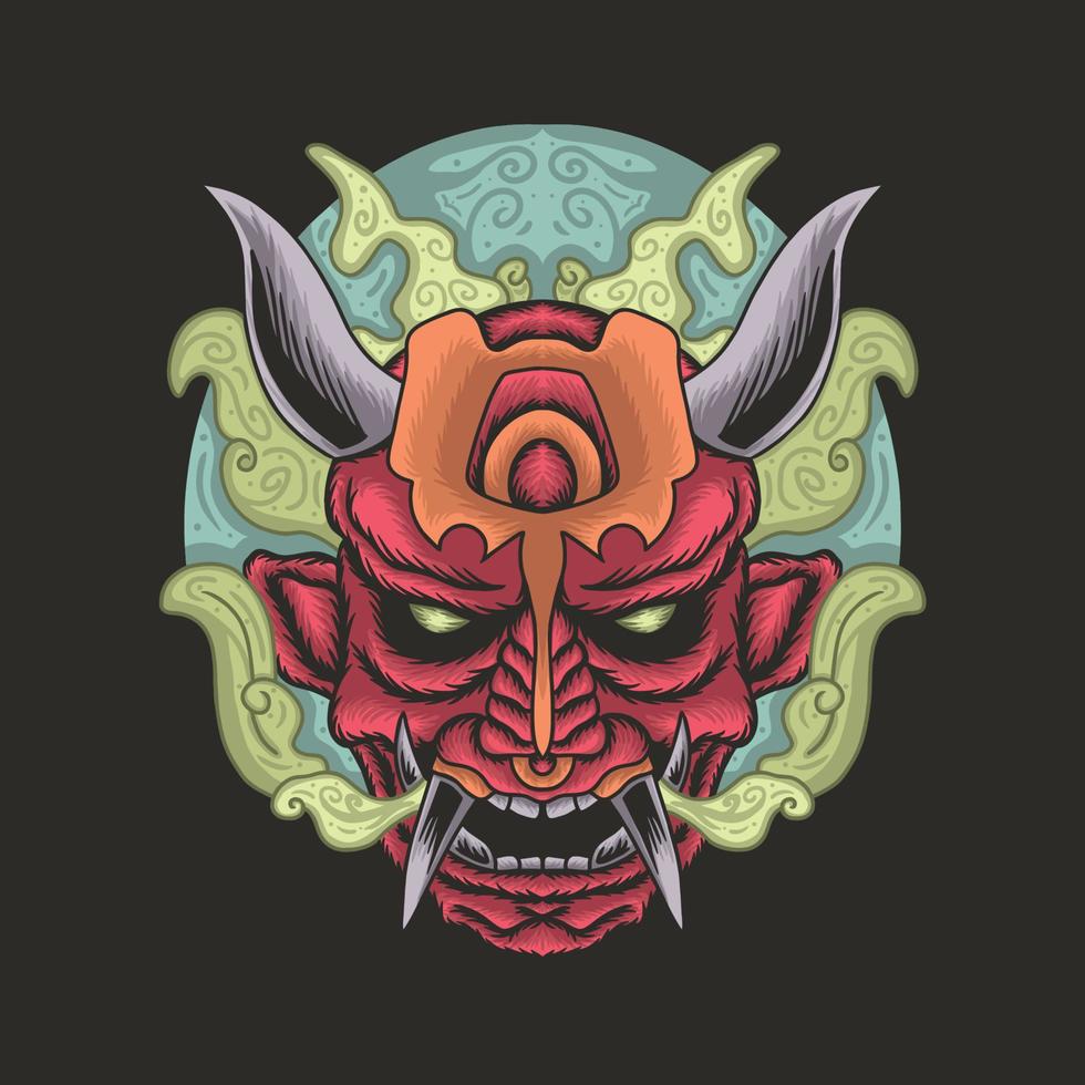 Japanese oni mask with smoke and moon vector