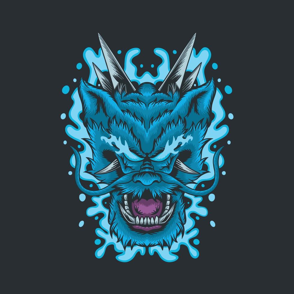Blue dragon head illustration and water element vector