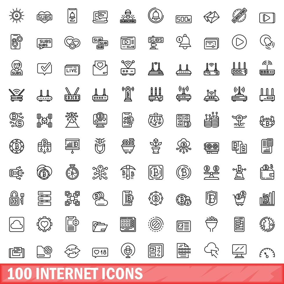 100 internet icons set, outline style vector