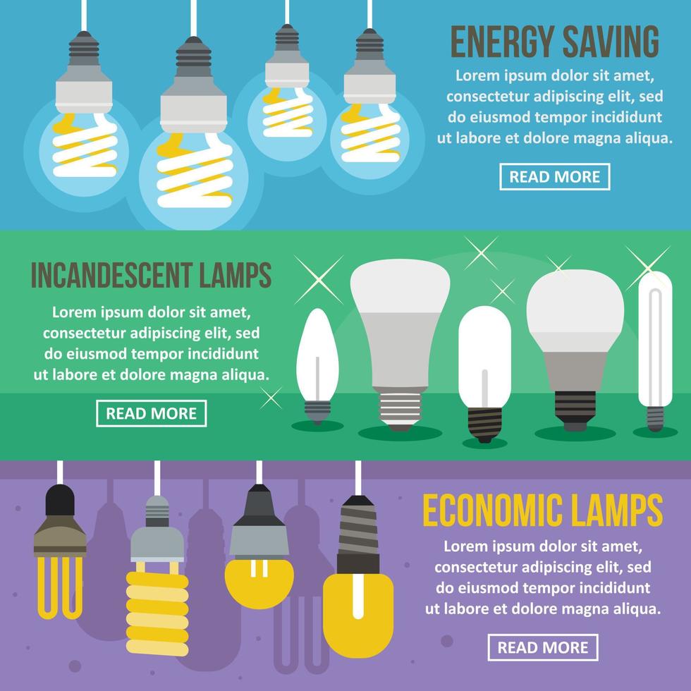 Lamp energy banner horizontal set, flat style vector