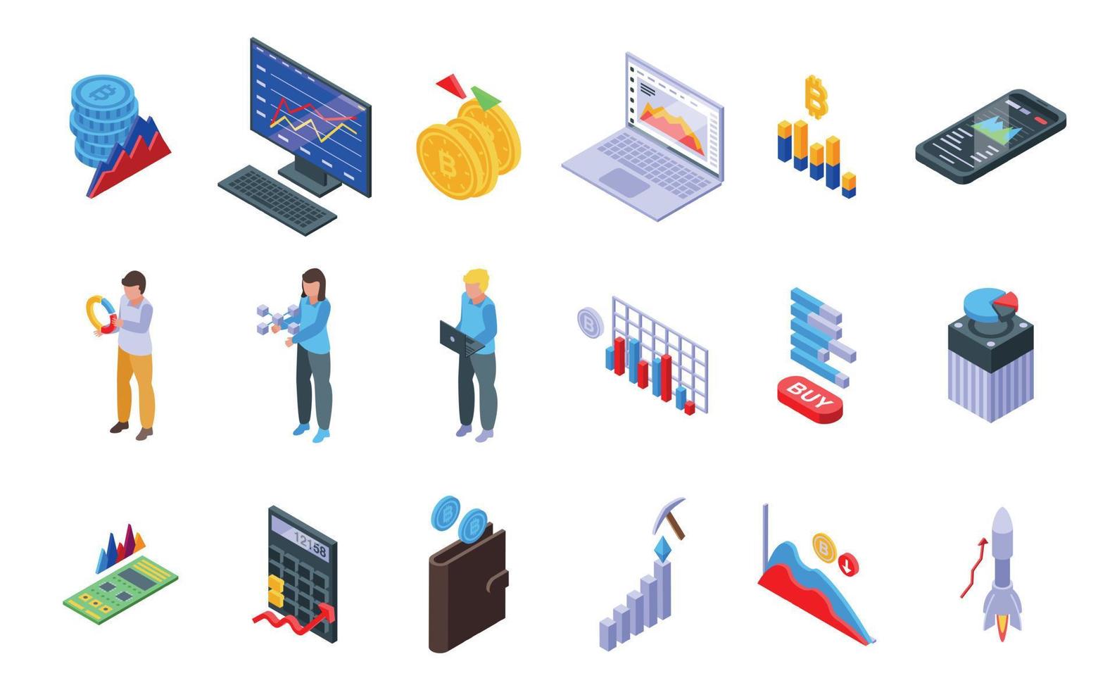 Bitcoin chart icons set, isometric style vector