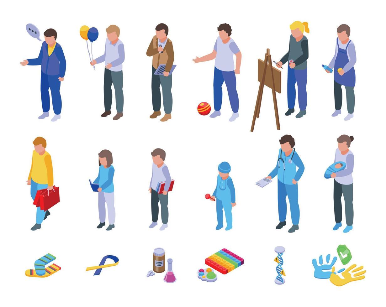 Syndrome down icons set isometric vector. Childcare disability vector