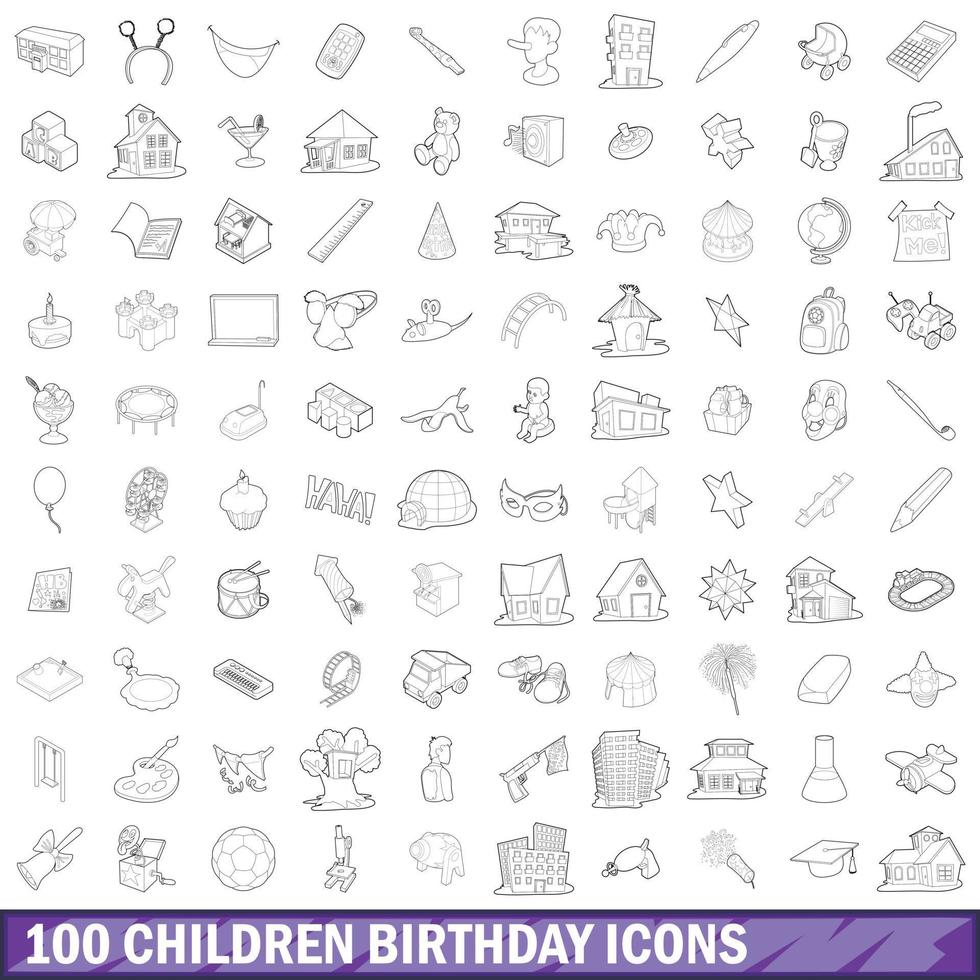 100 niños cumpleaños conjunto de iconos, estilo de esquema vector