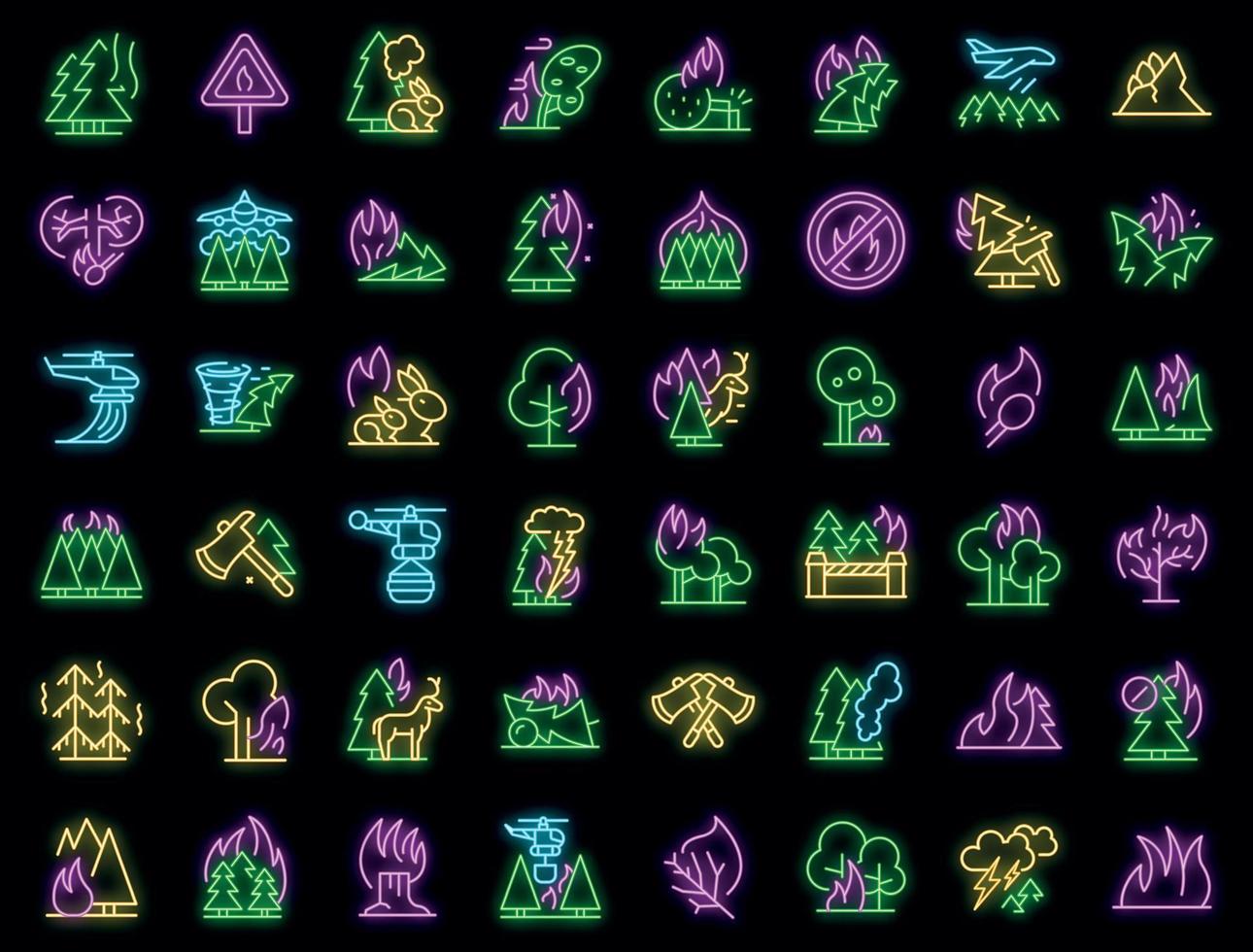 Burning forest icons set vector neon